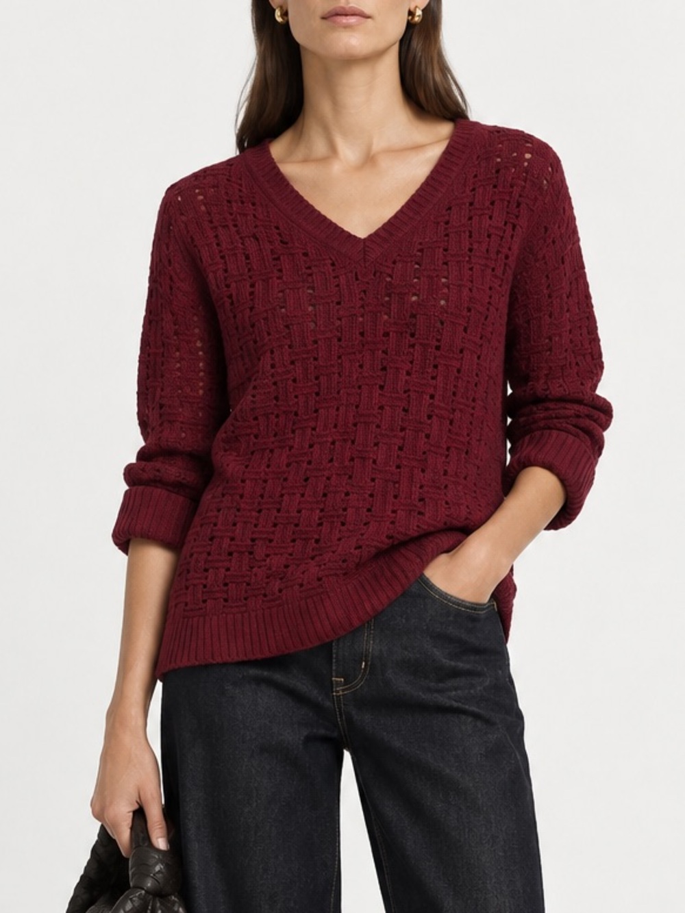 Anne Klein Wool Angora Blend Burgundy Maroon V-Neck Knit Pullover Sweater Size L